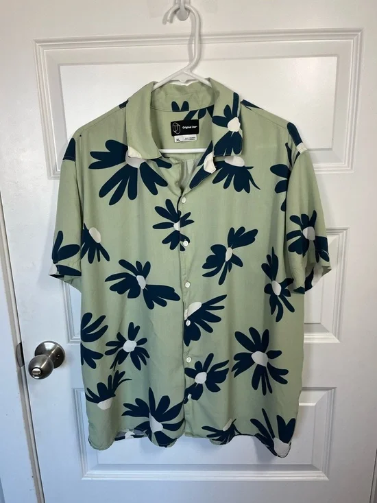 Original Use Green Floral Camp Collar Shirt XL Rayon Resort Button Up - Picture 2 of 5
